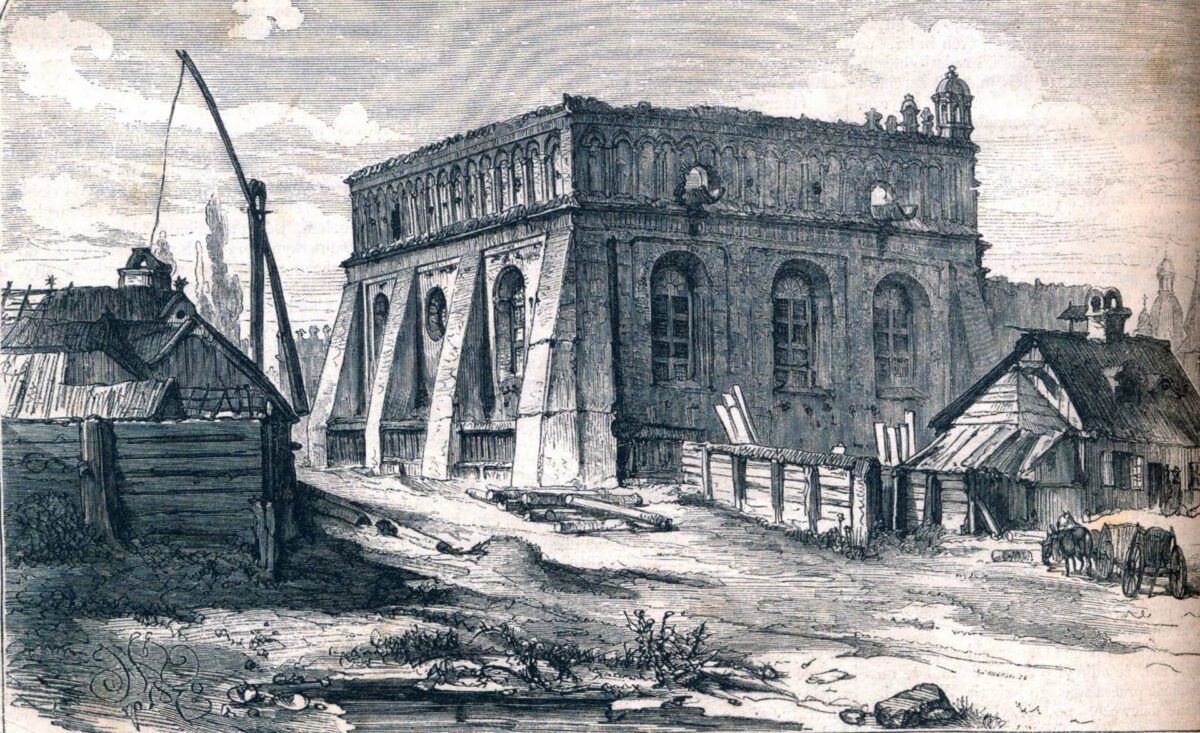 Zhovkva's stone, fortress-style synagogue, built in the 1690s, with the help of a loan from King Jan III Sobieski. (Woodcut, after a drawing by Jan Matejko, 1871)