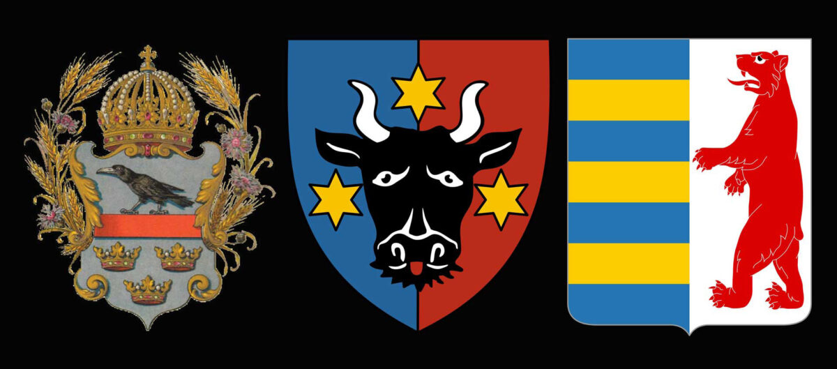 The coats of arms of Galicia, Bukovina, and Transcarpathia.
