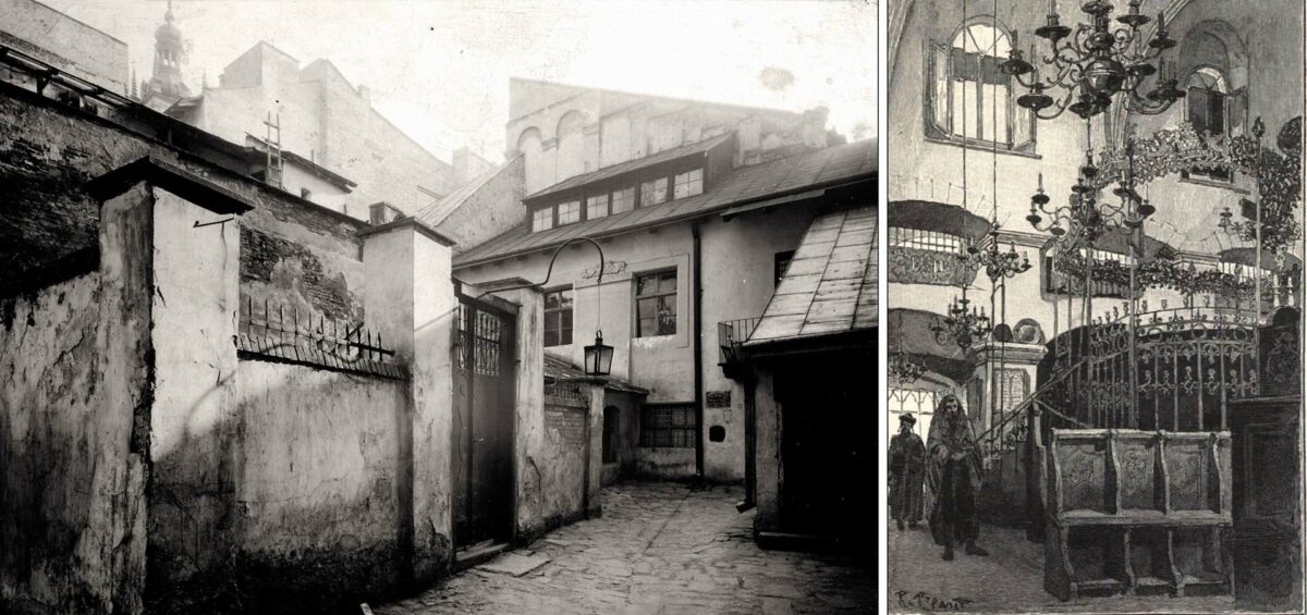 Синагога «Золота Роза», екстер’єр (фотографія 1910 р.) та інтер’єр (зображений на ескізі Рудольфа Бернта, 1898 р.)