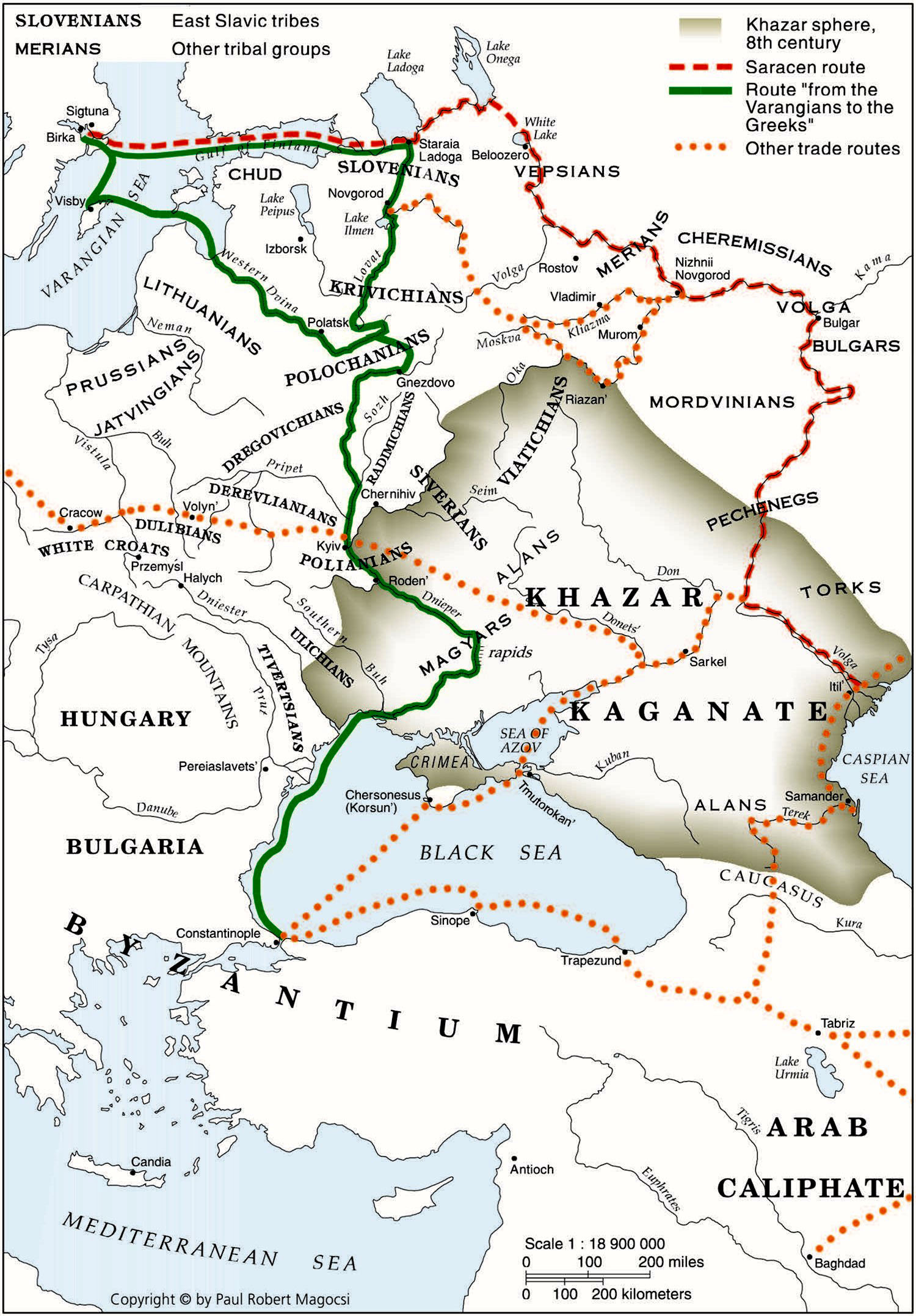 Торгові шляхи в хозарський період, VIII–X ст. (Мапу люб’язно надав Павло-Роберт Маґочій.)