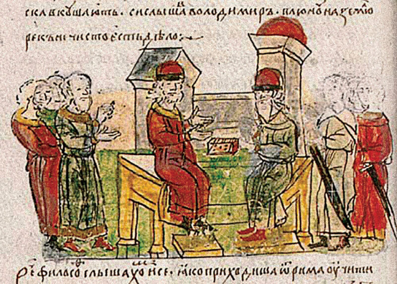 Prince Volodymyr discussing Christianity with a Greek philosopher. Depiction in a 15th-century copy of the Radziwiłł Chronicle.