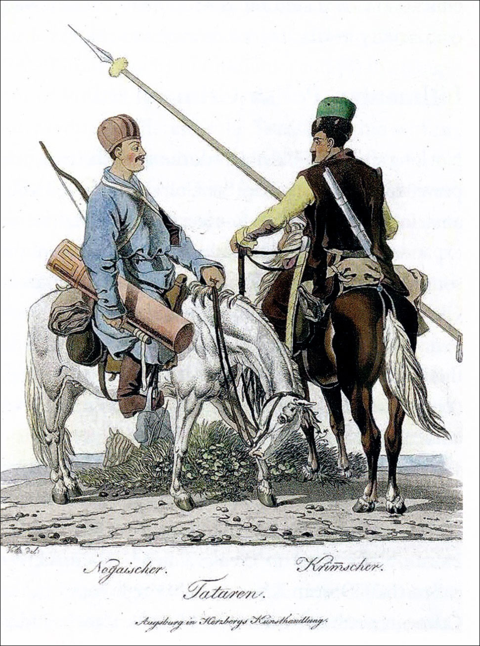Ногай-татарин (ліворуч) і кримський татарин (праворуч) — мисливці за рабами в Україні XVI століття (Зображені на гравюрі К.Ґ.Г. Ґайсслера, 1804 р.)