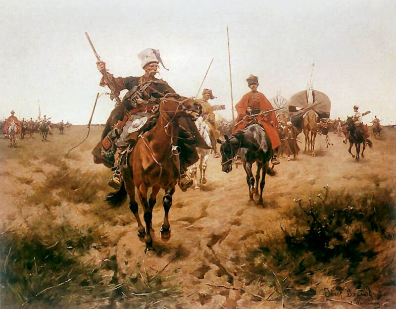 An encampment of the Zaporozhian Cossacks on the lower reaches of the Dnieper River. (Painting by Józef Brandt, 1900)