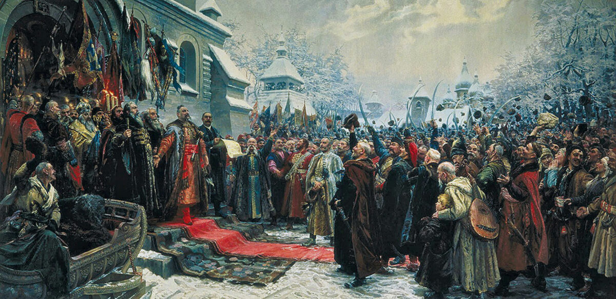 "Forever with Moscow. Forever with the Russian people." Painting by Mykhailo Khmelko, commissioned by the Soviet Union for the 300th anniversary of the 1654 Pereiaslav Agreement.