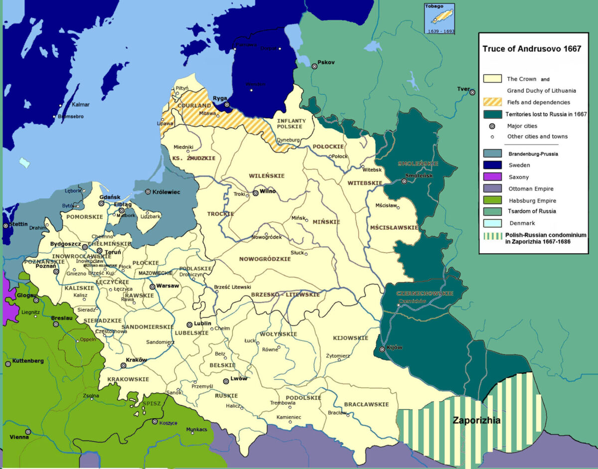 Ukrainian lands according to the 1667 Truce/Treaty of Andrusovo.