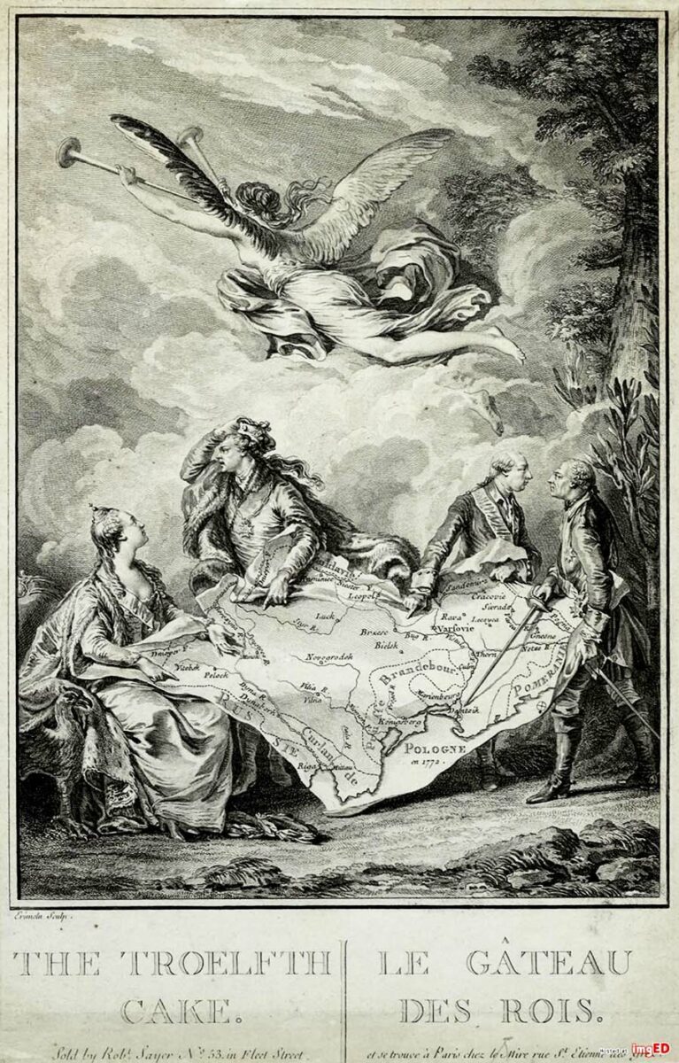 Алегоричне зображення першого поділу Речі Посполитої (1773): правителі Польщі, Росії, Австрії та Пруссії ведуть перемовини про її долю, а польський король намагається втримати корону