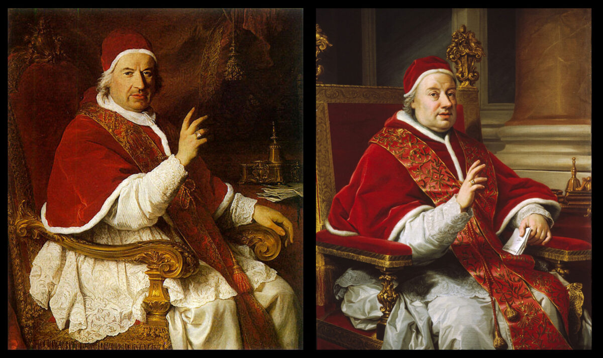 (Left): Pope Benedict XIV (r. 1740–1758). (Right): Pope Clement XIII (r. 1758–1769).