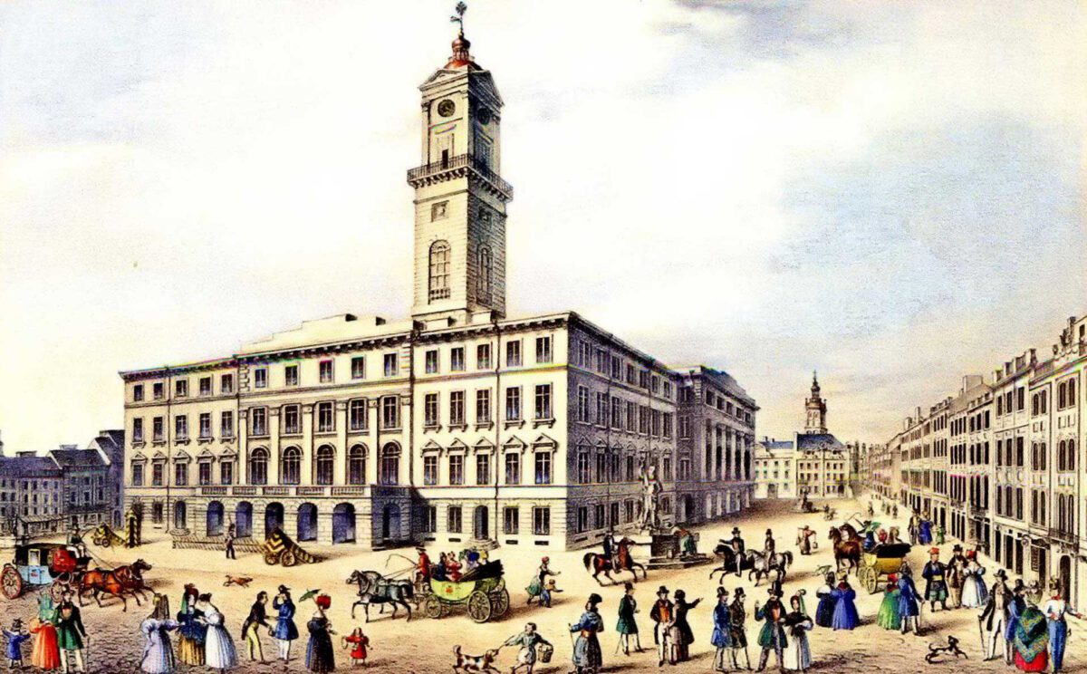 A view of Rynok Square in Lviv together with the new town hall. Drawing and lithograph by Karol Auer, 19th century.