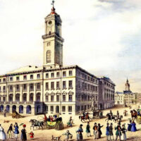 A view of Rynok Square in Lviv together with the new town hall. Drawing and lithograph by Karol Auer, 19th century.