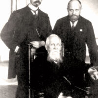 Members of the Ukrainian Parliamentary Club: Oleksandr Kolessa, Yuliian Romanchuk (sitting), and Lev Levytsky (1915 photograph).