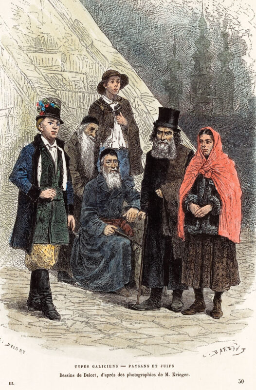 "Types galiciens: paysans et juifs" (Galician types: Peasants and Jews). Drawing by Charles Edouard Delort, ca. 1875. (Moldovan Family Collection, YIVO Archives)