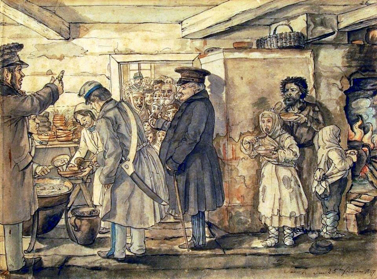 Роздавання їжі біднякам у Галичині. Картина Яна Ґнєвоша, 1847 р.