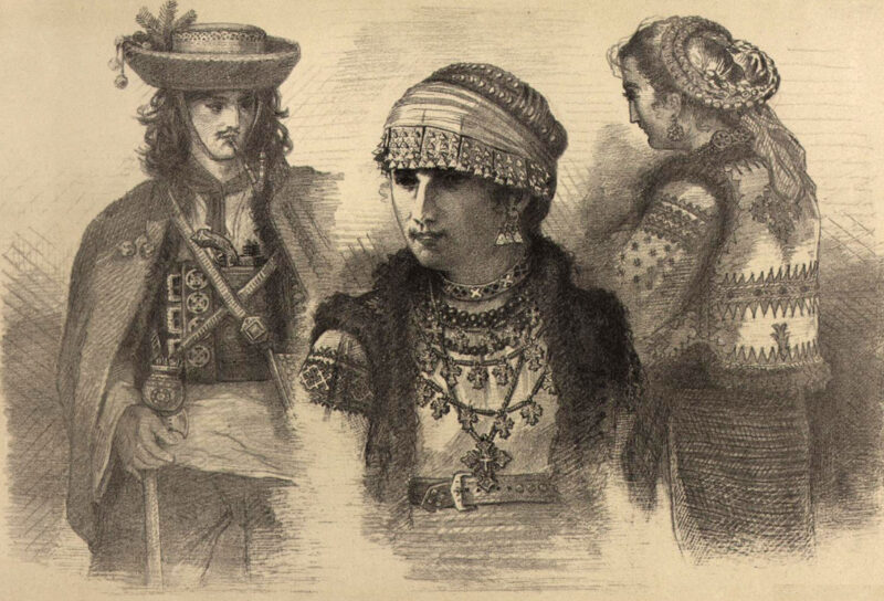 Українські селяни на Закарпатті (книжкова літографія, 1882 р.)