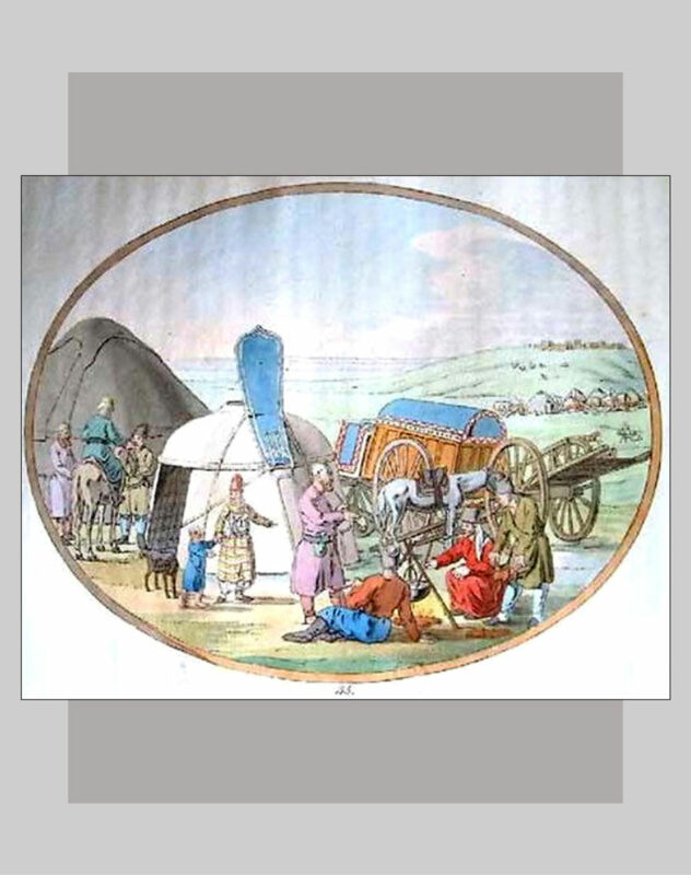 An encampment of Nogay Tatars, a nomadic tribe that roamed the southern steppe and often pillaged Ukrainian settlements, including in service of the Crimean Khanate's slave trade. (1804 illustration)