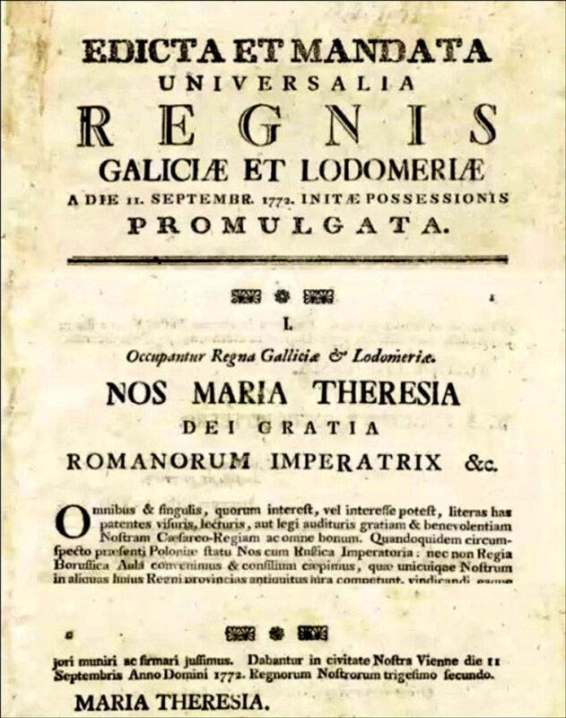1772 decree of Maria Theresa, proclaiming the Kingdom of Galicia and Lodomeria (Latin for Volhynia).