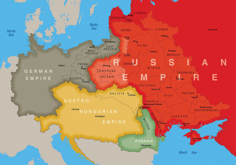 Map of Central and Eastern Europe in 1900, showing the extent of the three empires after the partitions of the Polish-Lithuanian Commonwealth.