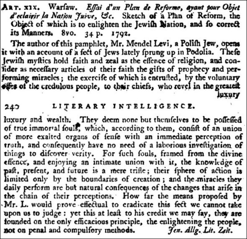 A contemporary English-language review of a 1791 French-language pamphlet by Mendel Lefin (1749–1826). This pamphlet called for sweeping reform of traditional Jewish life and the integration of Polish Jews into the modernizing Polish state.