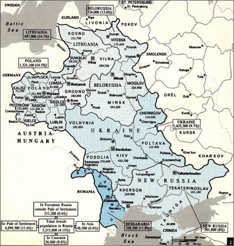 Мапа Смуги осілості, що показує кількість євреїв у співвідношенні з загальною чисельністю населення в різних регіонах України за переписом 1897 року (scalar.usc.edu)