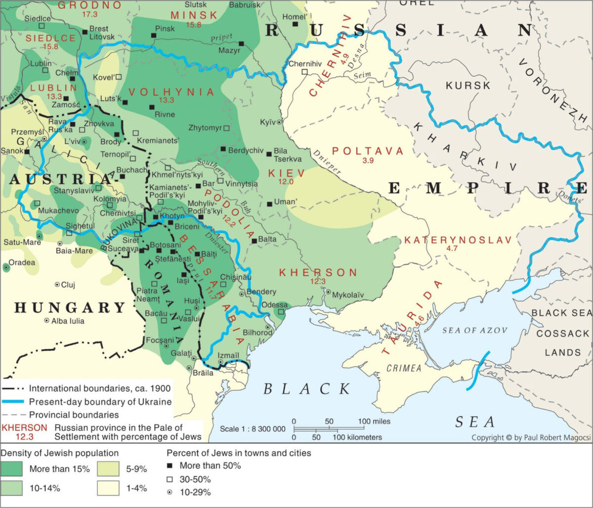 Map showing the density of the Jewish population in Ukrainian lands and other parts of Central Europe, ca. 1900.