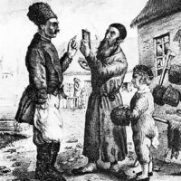 Єврейський крамар й український покупець (гравюра ХІХ ст.)