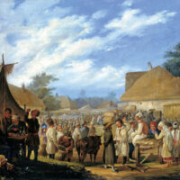 «Ярмарок в Україні». Картина Василя Івановича Штернберга, 1836 р. Щорічні ярмарки й щотижневі ринки були основними місцями українсько-єврейської взаємодії.
